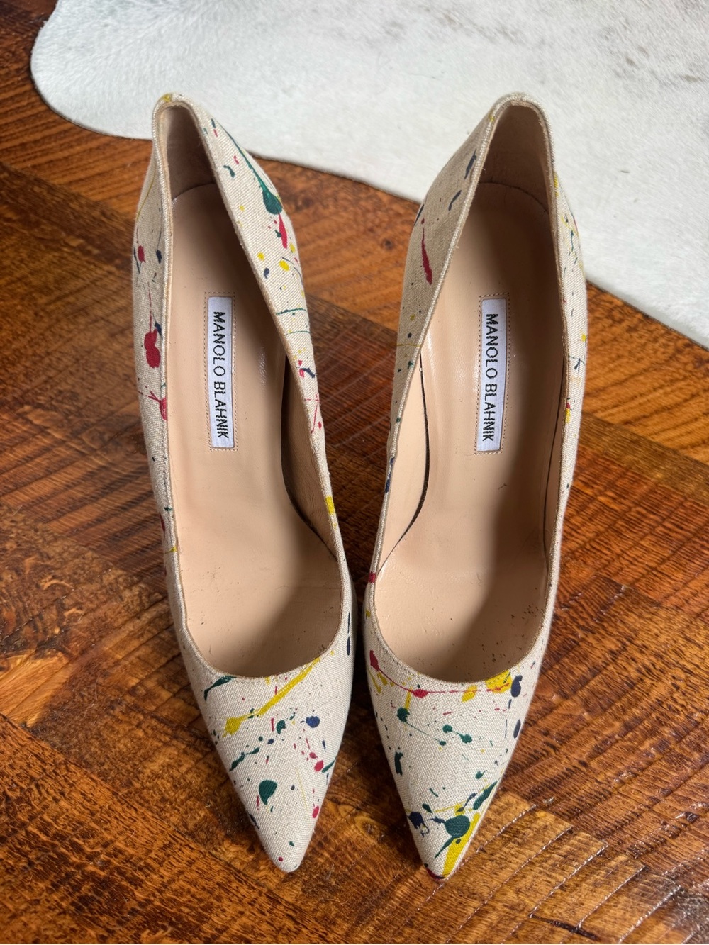 Manolo Blahnik Beige Paint-Splatter Pointed Toe Pumps with Multicolor Accents